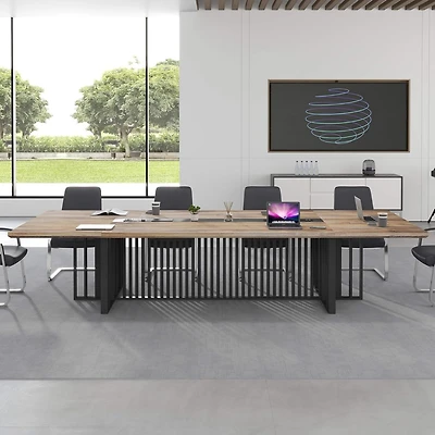 logicfox Large Conference Table with 2" Thick Top and Metal Grid Base Outlets
