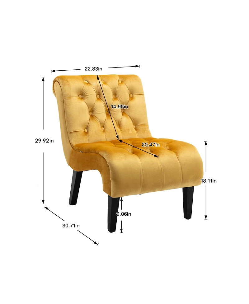 Rainsken Modern Velvet Accent Chair, Upholstered Fabric Button Reading Chaise with Tufted Back, Wooden Legs and Rolled Edge Design for Living Room