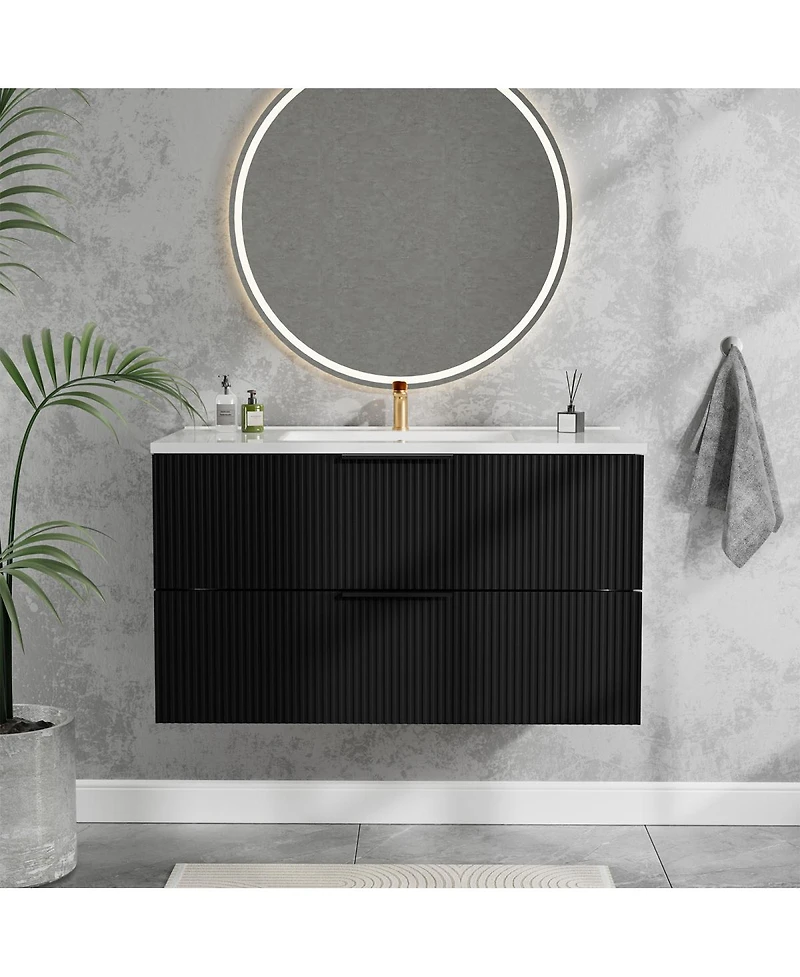 Sillysis 36" Wall Mounted Bathroom Vanity with Ceramic Sink, Fluted Mdf Cabinet & Drawers for Modern Bathrooms
