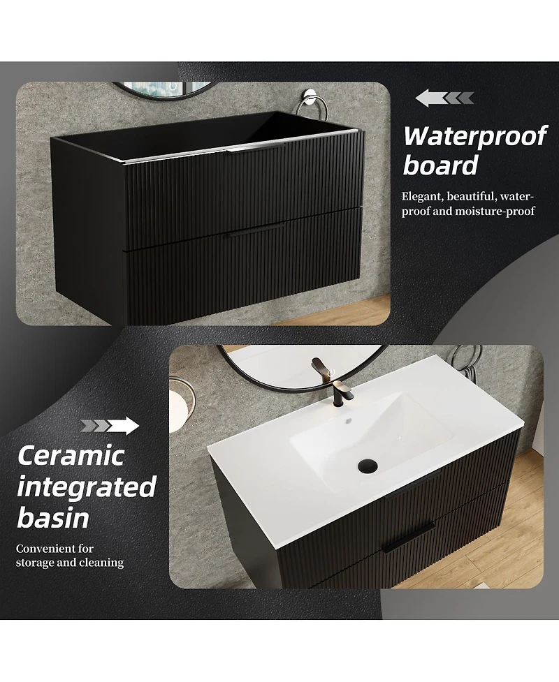Sillysis 36" Wall Mounted Bathroom Vanity with Ceramic Sink, Fluted Mdf Cabinet & Drawers for Modern Bathrooms