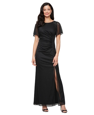 Sl Fashions Women's Round-Neck Flutter-Sleeve Gown