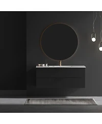 Thirtypeachy 48" Modern Floating Vanity With Ceramic Sink, Black Fluted Wall-Mount Cabinet, 2 Drawers U-Shaped Cutout