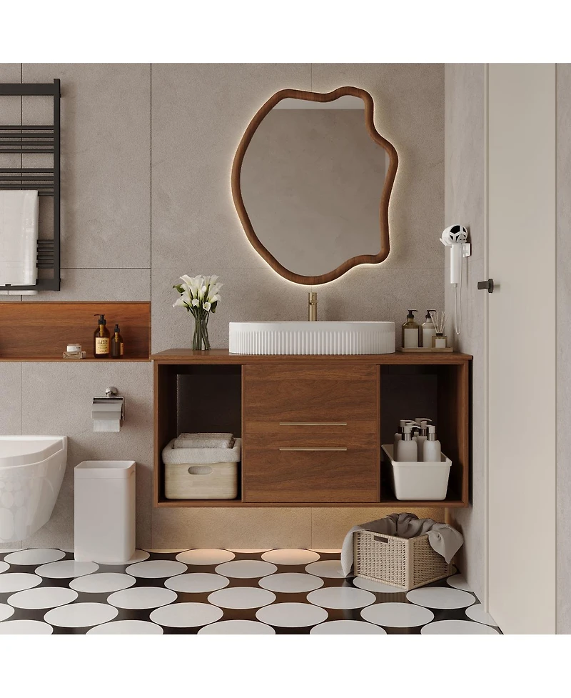 Sillysis 39.4" Wall-Mount Bathroom Vanity with Oval Ceramic Sink, Walnut Solid Wood Floating Cabinet & Soft-Close Drawers