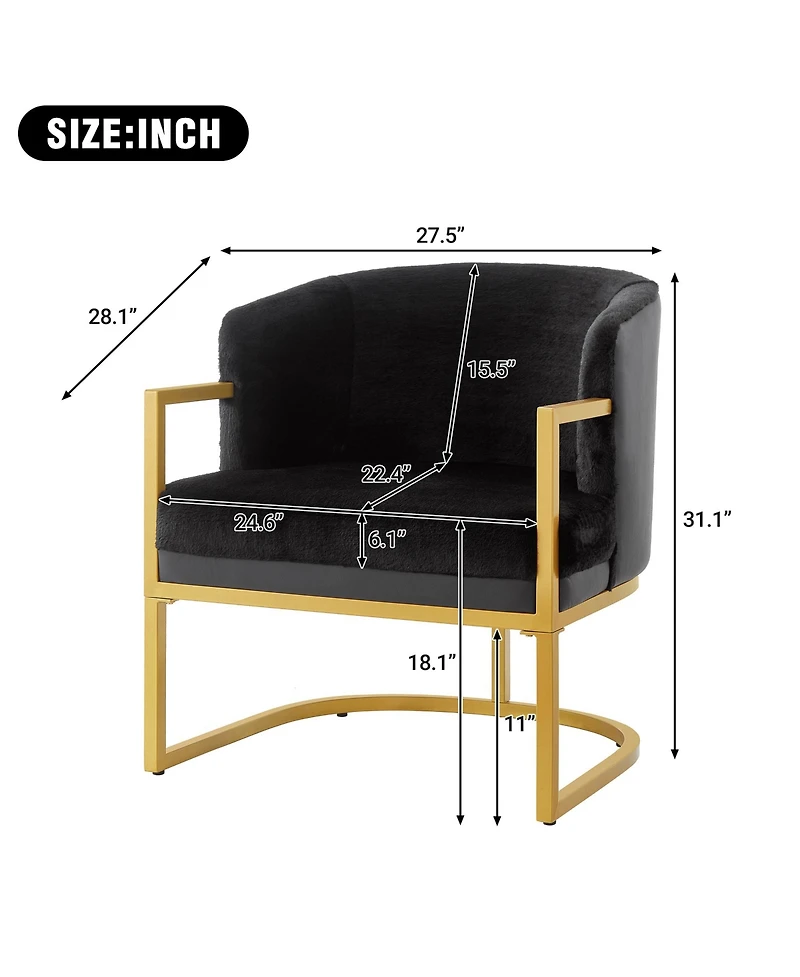 Rainsken Accent Chair, Upholstered Faux Rabbit Fur Armchair with Gold Metal Frame and Curved Backrest Support for Living Room, Bedroom