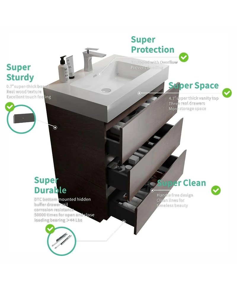 Sillysis 30" Freestanding Bathroom Vanity with Sink, Modern Bathroom Vanity with Soft Close Drawers for Contemporary Homes