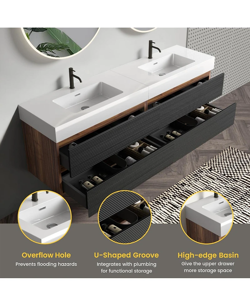 Sillysis 71.7" Floating Modern Double Sink Bathroom Vanity with Soft Close Drawers & Integrated Sinks for Large Bathrooms