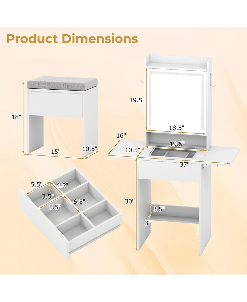 Sugift Space-Saving Vanity Desk with Mirror and Lights for Bedroom