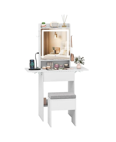 Sugift Space-Saving Vanity Desk with Mirror and Lights for Bedroom