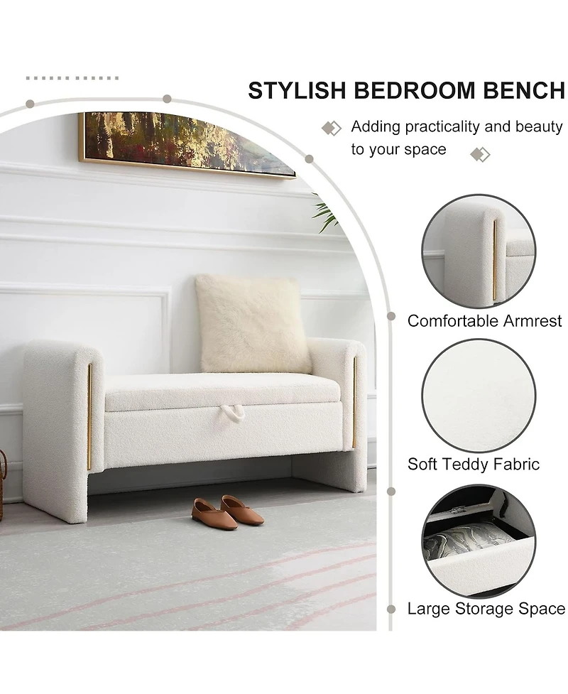 Rainsken Upholstered Storage Ottoman, Modern Teddy End of Bed Bench, Window Storage Stool with Arms for Living Room