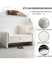 Rainsken Upholstered Storage Ottoman, Modern Teddy End of Bed Bench, Window Storage Stool with Arms for Living Room