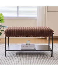 Rainsken 30.7" Wide Upholstered Ottoman, Faux Fur Footstool with Wooden Open Storage Shelf and Black Metal Legs for Living Room