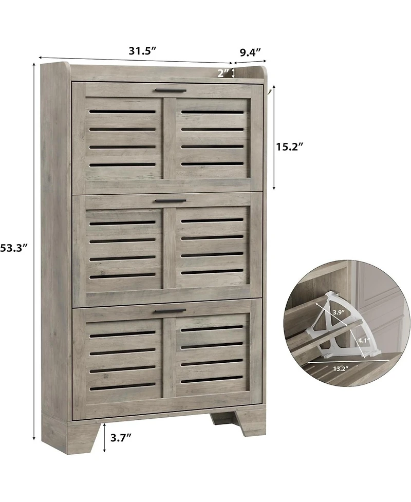 Homfan Shoe Cabinet Storage for Entryway, Narrow with 3 Flip Drawers, Freestanding Hidden Slim Organizer Hooks