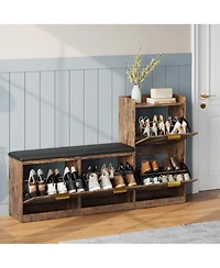 Homfan Farmhouse Entryway Shoe Cabinet with Bench and 4 Flip Drawers, Comfort Cushioned Shoe Storage Bench, Freestanding Shoe Organizer