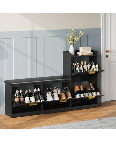Homfan Farmhouse Entryway Shoe Cabinet with Bench and 4 Flip Drawers, Comfort Cushioned Storage Bench, Freestanding Organizer