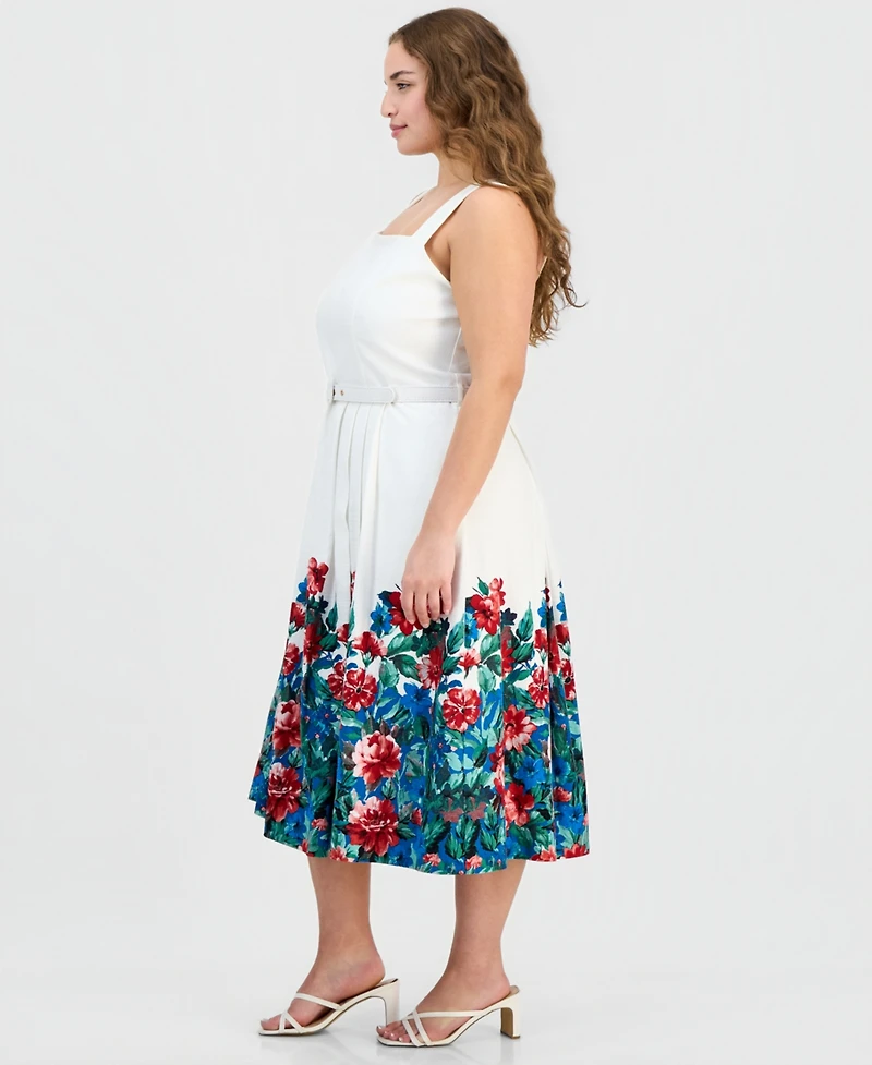 Tahari Asl Plus Border-Print Sleeveless Belted Dress
