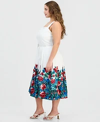 Tahari Asl Plus Border-Print Sleeveless Belted Dress