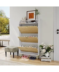 Homfan Shoe Cabinet with 3 Flip Drawers, Hidden Shoe Storage Cabinet with Shelf, Slim Wood Shoe Organizer for Hallway and Entryway, Space Saving