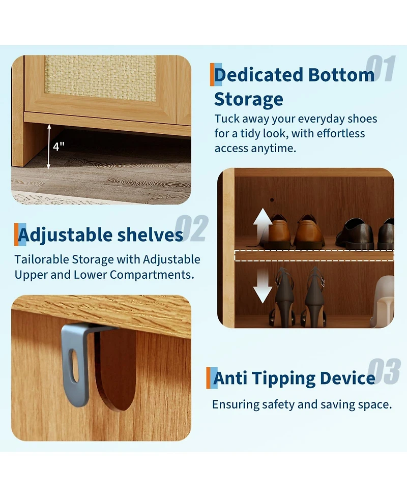 Homfan Rattan Shoe Cabinet for Entryway, Wooden Rack Freestanding Storage with Adjustable Shelves Living Room Hallway