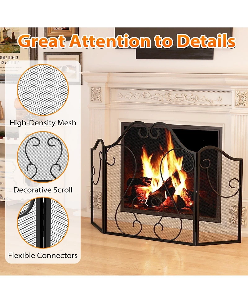 Sugift Three Panel Fireplace Screen Foldable Spark Guard with Scrollwork