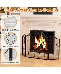 Sugift Three Panel Fireplace Screen Foldable Spark Guard with Scrollwork