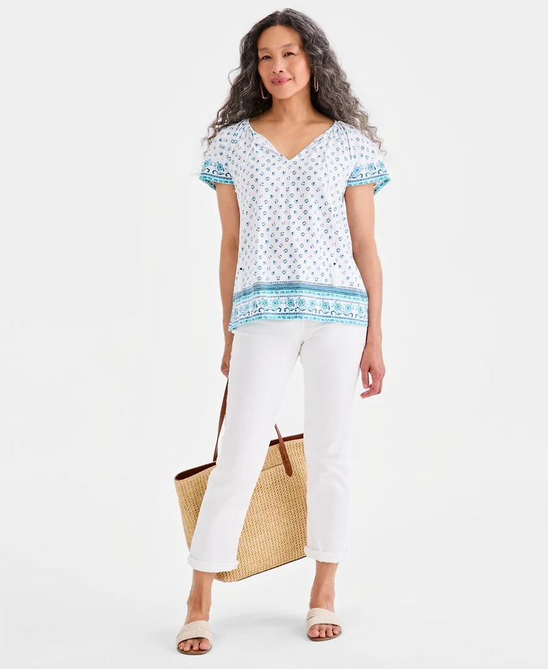 Style & Co Women's Printed Split-Neck Flutter Sleeve Top, Macy's Exclusive