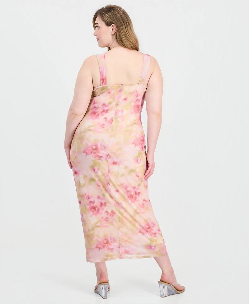 Planet Gold Trendy Plus V-Neck Printed Mesh Maxi Dress
