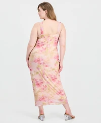 Planet Gold Trendy Plus V-Neck Printed Mesh Maxi Dress