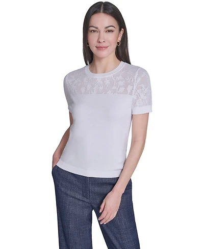 Tommy Hilfiger Women's Floral Pointelle Short-Sleeve Sweater