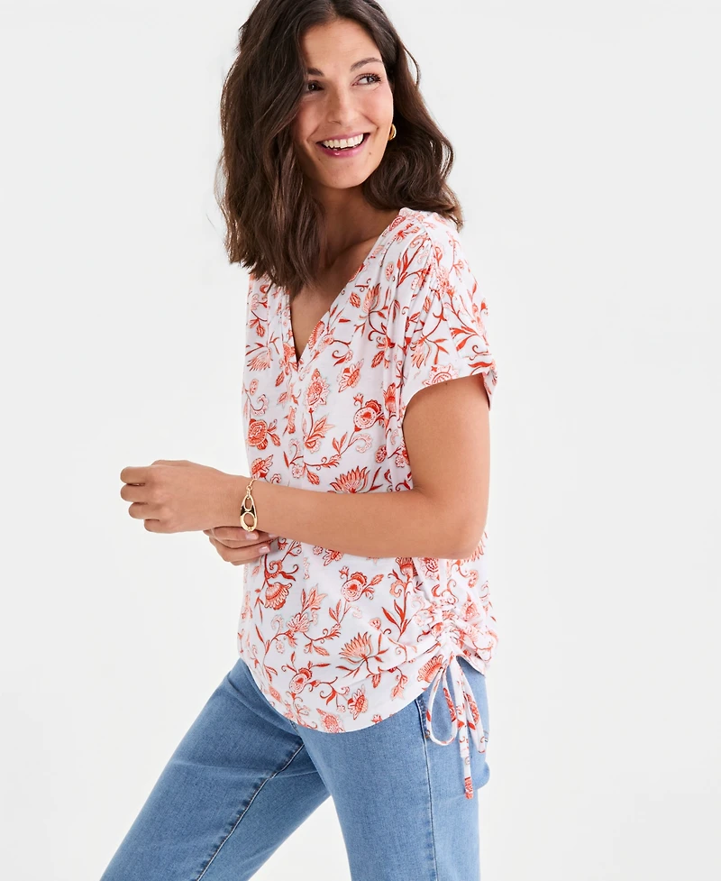 Style & Co Petite Ruched Tie Fresh Paisley Print V-Neck Top, Macy's Exclusive