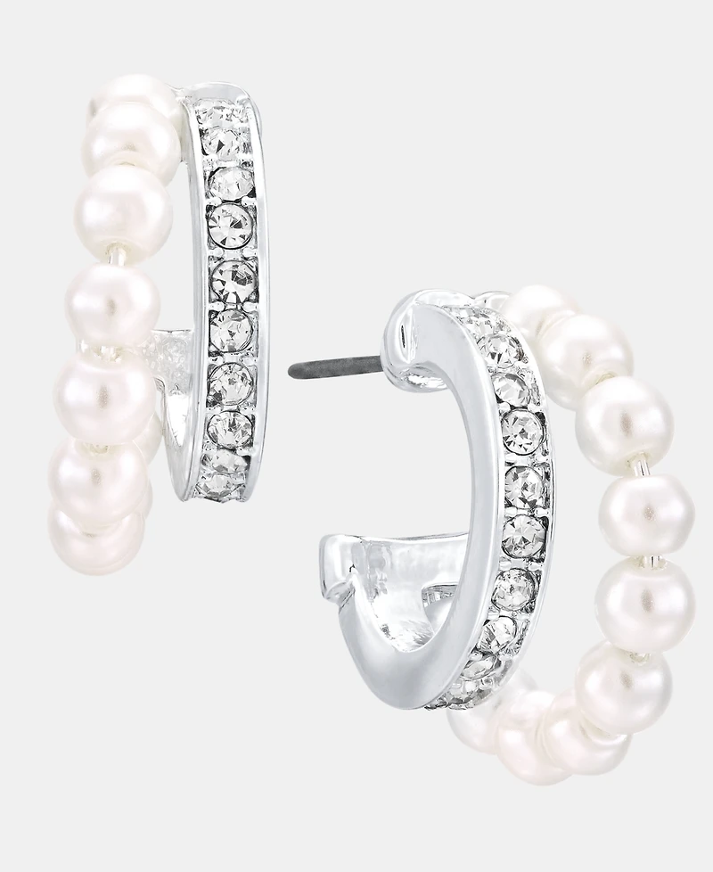 Anne Klein Silver-Tone Two-Row Imitation Pearl Huggie Earrings