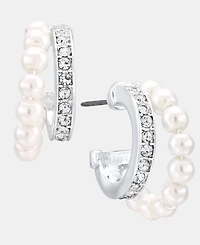 Anne Klein Silver-Tone Two-Row Imitation Pearl Huggie Earrings