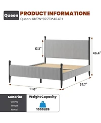 gaomon Queen Bed Frame with Velvet Headboard, Upholstered Corduroy Platform, Wood Slats Support, Easy Assembly