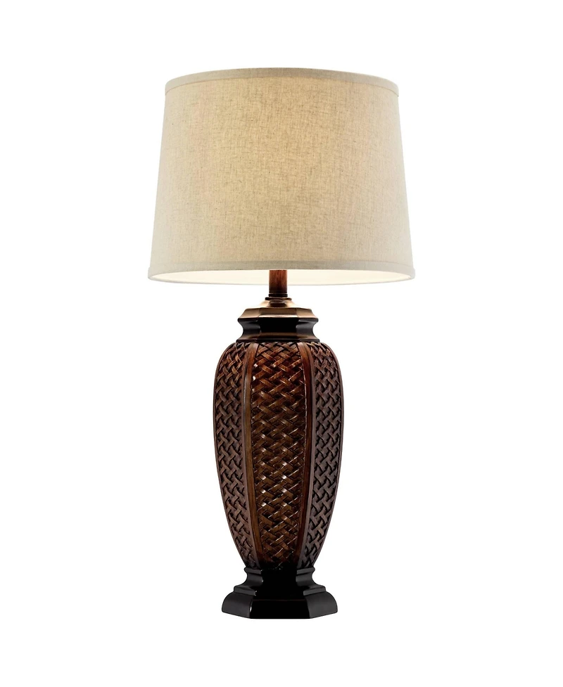 Regency Hill Tropical Table Lamps 29" Tall Set of 2 Weathered Brown Woven Wicker Jar Linen Drum Shade for Living Room Family Bedroom