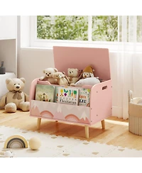 Sugift Kids Wooden Toy Box with Front Bookshelf and Solid Wood Legs