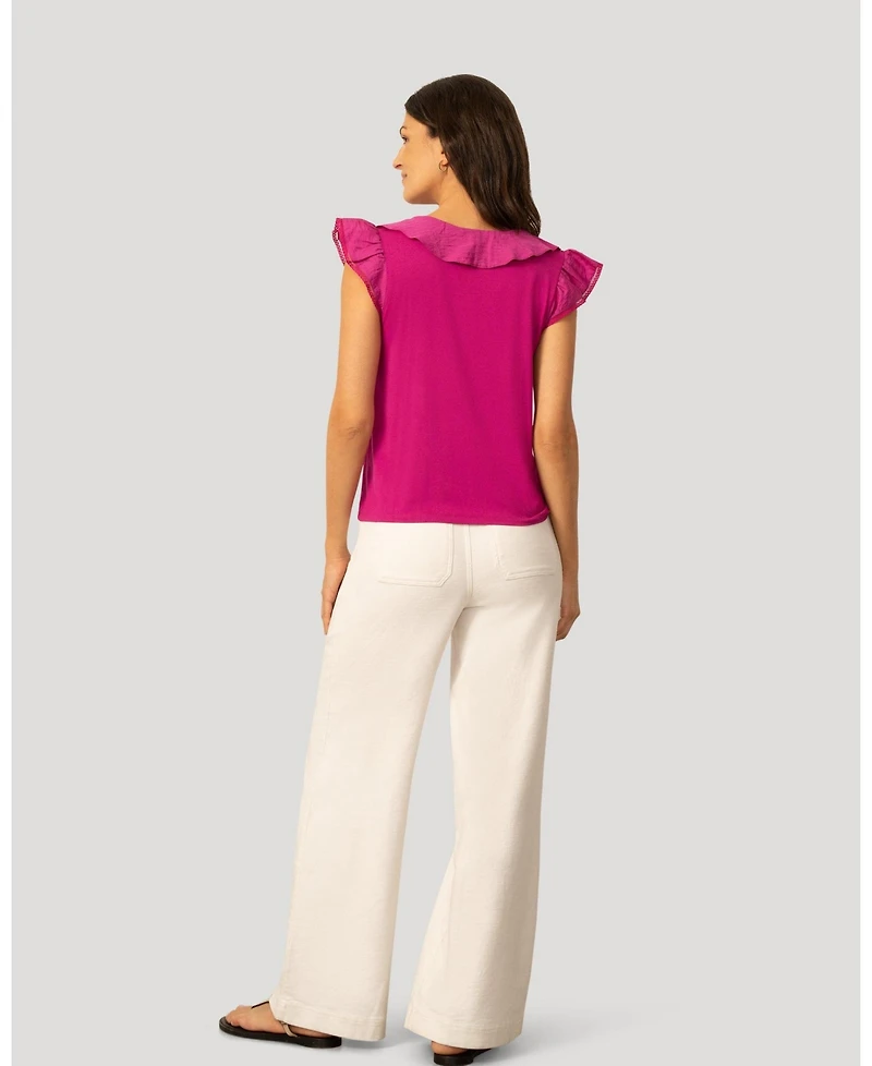 Cable & Gauge Women's Voile Mix Ruffle Trim Top