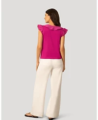 Cable & Gauge Women's Voile Mix Ruffle Trim Top