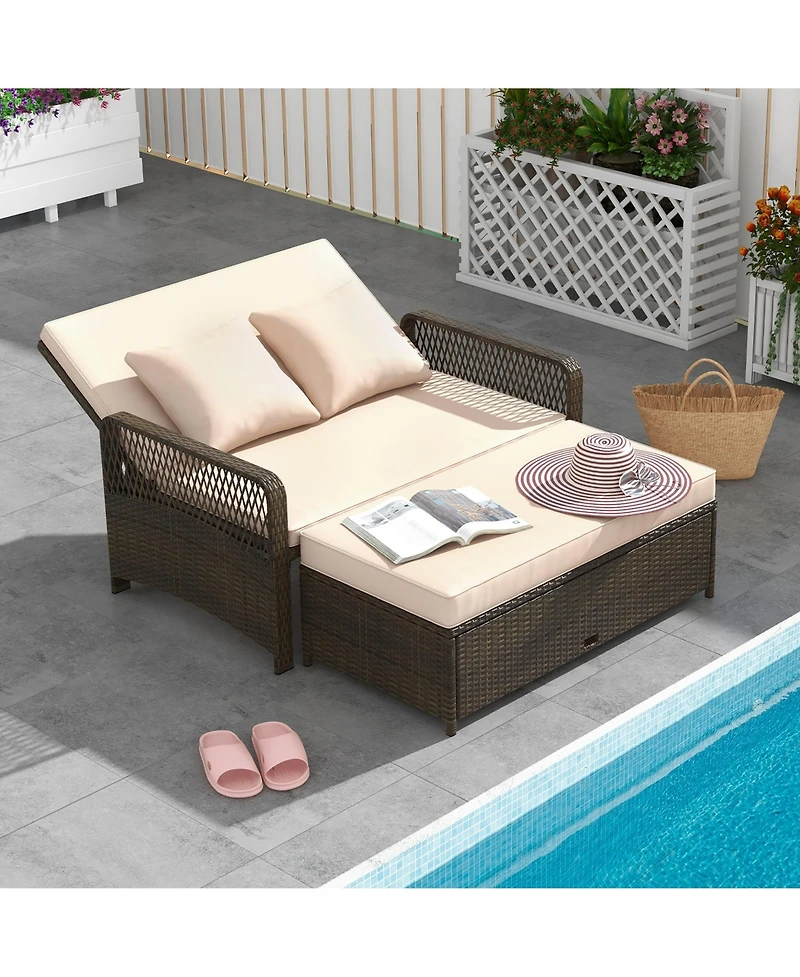 Gymax Patio Rattan Daybed Wicker Loveseat Sofa w/ Multifunctional Ottoman