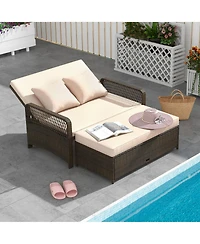 Gymax Patio Rattan Daybed Wicker Loveseat Sofa w/ Multifunctional Ottoman