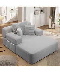 Rainsken Plush Corduroy Convertible Chaise Chair, Sofa Bed with Storage Pocket and 3 Pillows, Frameless Design and Compression Foam for Living Room