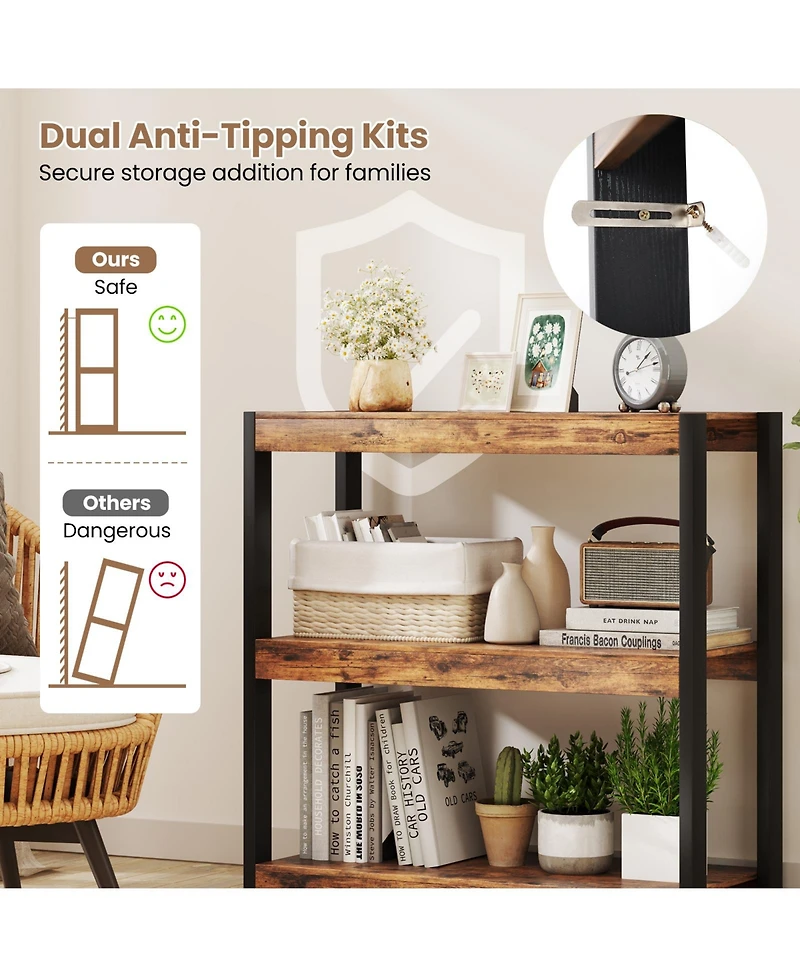 Sugift Three Tier Wooden Bookshelf with Dual Anti Tipping Kits