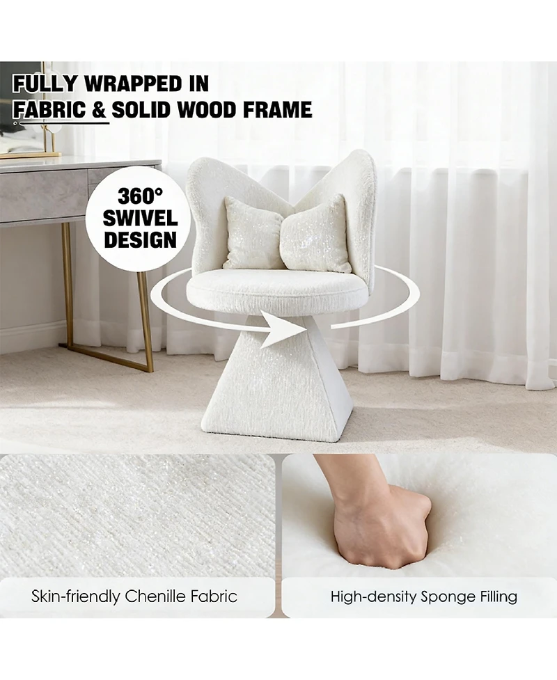 Rainsken Accent Chair with Butterfly Back, 360° Swivel Vanity Chair, Chenille Makeup Chairs with Sturdy Pyramid Base for Living Room