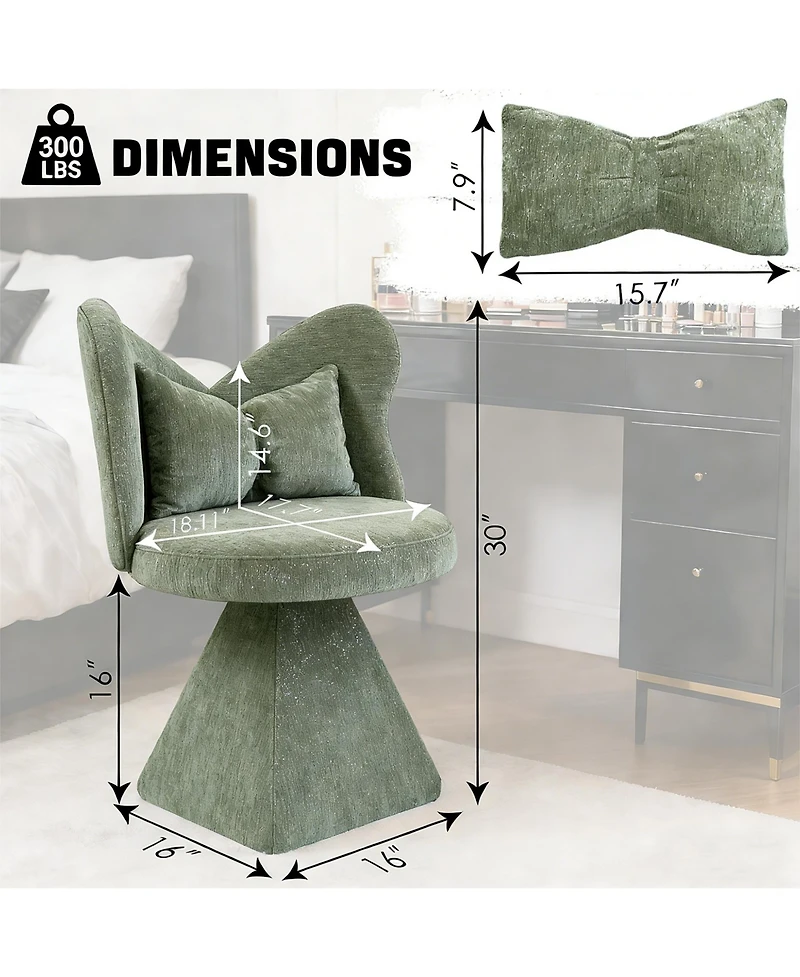 Rainsken Vanity Chair with Butterfly Back, 360° Swivel Lounge Chair, Chenille Makeup Chairs with Sturdy Pyramid Base for Living Room, Bedroom