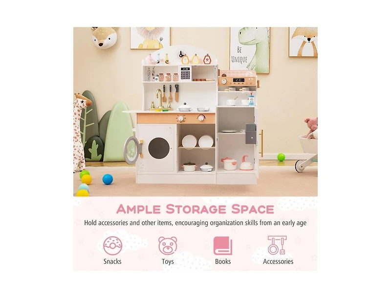 Hongge Kids Kitchen Set Wooden with Coffee Makers and Accessories