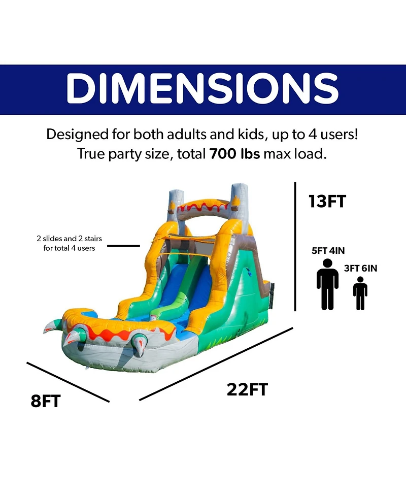 HeroKiddo T-Rex Adventure 12 Tall Dual Lane Backload Inflatable Water Slide with Attached Pool, Dinosaur Theme, for Kids and Adults, Commercial Grade