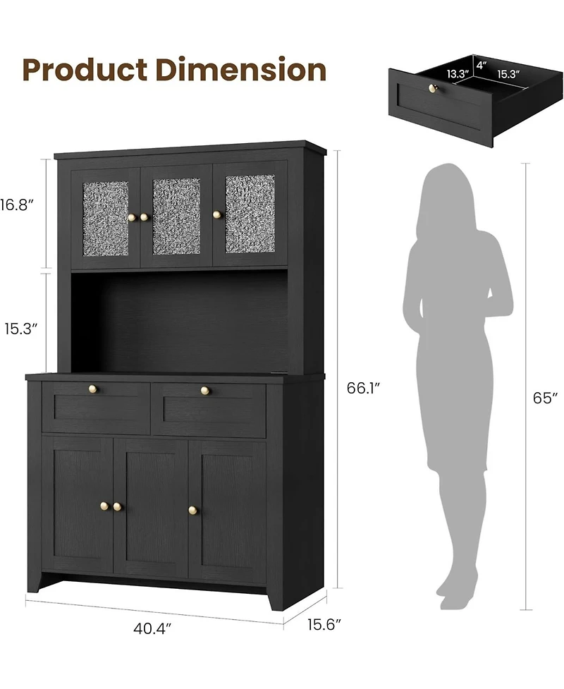 gaomon Pantry Cabinet with Charging Station, Farmhouse Kitchen Storage Countertop, Large Hutch Drawers