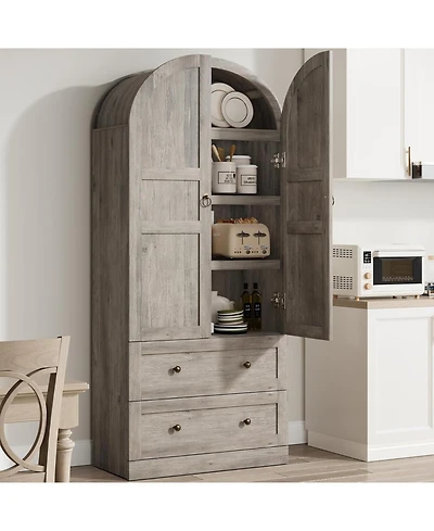 gaomon 72" Tall Arched Kitchen Pantry Cabinet Farmhouse Wooden Storage with 2 Drawers & Wood Doors Freestanding Buffet Sideboard