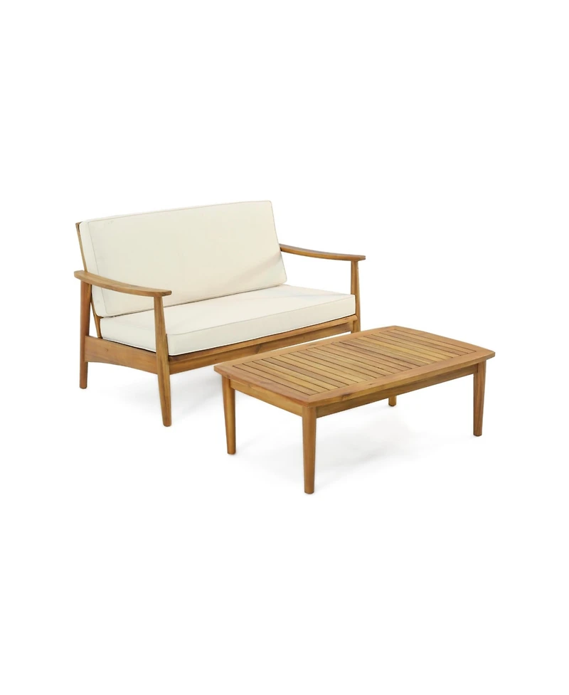 Flynama Minimalistic Acacia Wood Patio Loveseat and Coffee Table Set with Cushion for Garden Backyard Porch Poolside