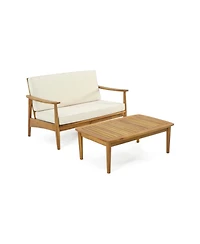 Flynama Minimalistic Acacia Wood Patio Loveseat and Coffee Table Set with Cushion for Garden Backyard Porch Poolside