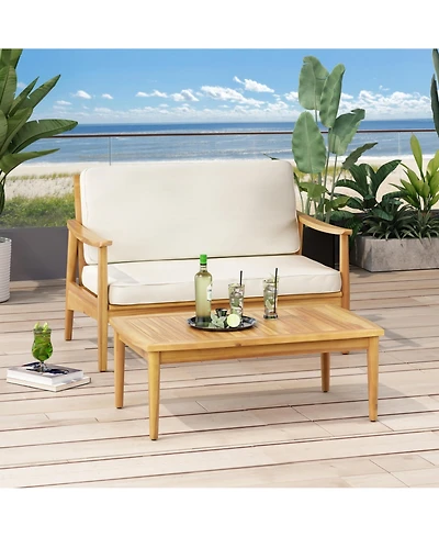 Flynama Minimalistic Acacia Wood Patio Loveseat and Coffee Table Set with Cushion for Garden Backyard Porch Poolside