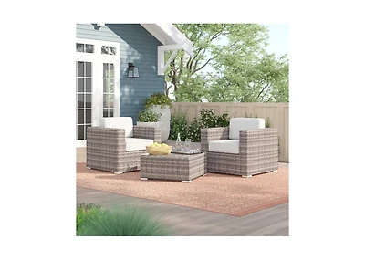 Flynama Fully Assembled 2 Person Rattan Wicker Seating Set with Cushions Tempered Glass Coffee Table for Backyard